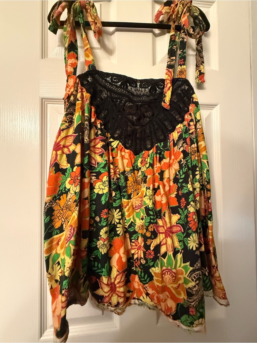 Free People Black Floral Tie-Strap Camisole with Lace Yoke